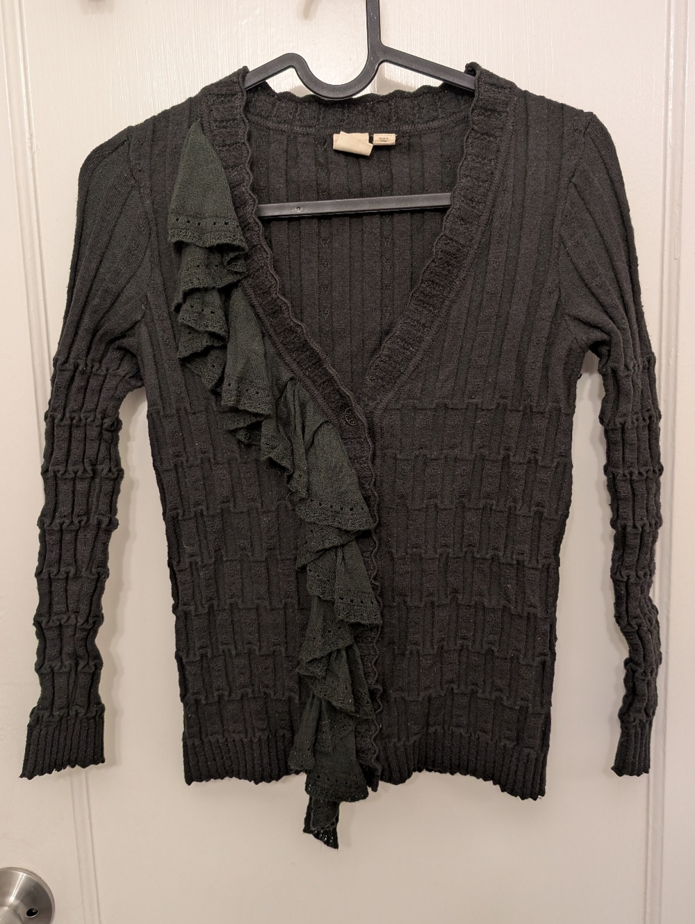 Anthropologie Cardigan Sweater Wool Green Ruffle Forest Fairy Pirate Boho Size S